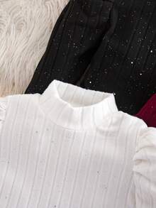 3件套女童罗纹面料金属箔褶皱泡泡长袖高领T恤 - 彩色 - 查看 4