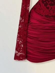 SHEIN ICON 女士优雅性感纯色蕾丝拼接迷你连衣裙 - 酒紅色 - 查看 6