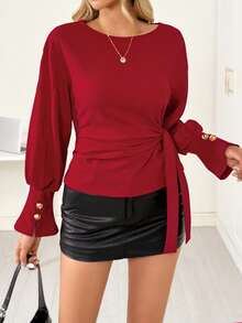 Chiquease Red Fashion Gold Button Cuff Side Tie Women Sweatshirt - Burgundy - View 6