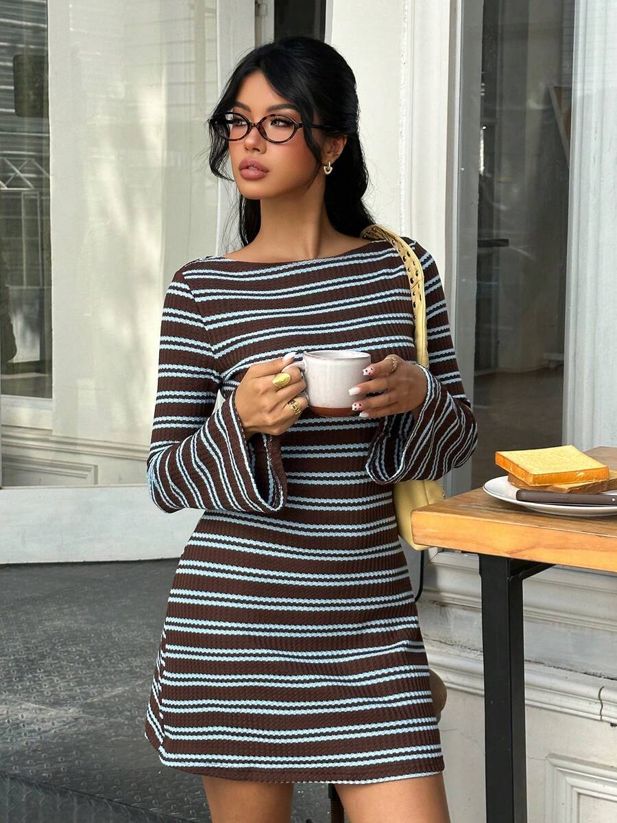 SHEIN EZwear 女士灰色条纹针织露背连衣裙 - 彩色 - 查看 1
