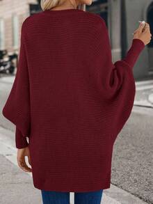 SHEIN LUNE Women's Solid Color V-Neck Batwing Long Sleeve Loose Casual Sweater, Autumn/Winter - Burgundy - View 2