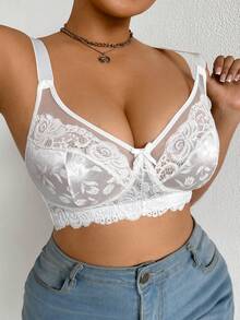 DesireSculpt 1pc Plus Size Lace Patchwork Wireless Bra - White - View 9