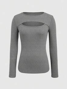 EMERY ROSE Women's Casual Basic Solid Color Hollow Out Long Sleeve T-Shirt - Multicolor - View 5