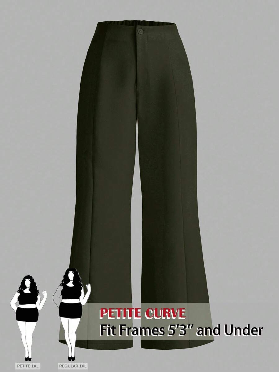 SHEIN PETITE CURVE 大码女士纯色拉链前开襟喇叭裤优雅办公裤 - 墨綠色 - 查看 1