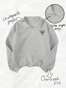 SHEIN 少女复古保罗图案刺绣拉链卫衣，休闲宽松版型，复古可爱蝴蝶结字母印花，适合秋冬季穿着 - 灰色 - 查看 6
