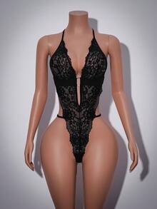 1pc Women's Sexy Lingerie, Punk Style Pioneer Halter Lace Backless Bodysuit - Black - View 6