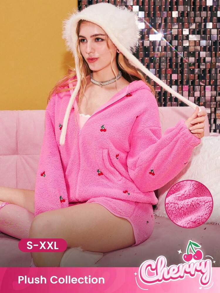 Weiche und warme Damen Pyjama-Jacke mit Kapuze und Kirschblüten-Design als Oberbekleidung, Weihnachts- und Neujahrspyjama-Stil 2025
