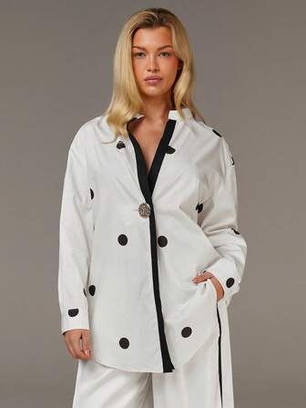 COSMINA Women's Loose-Fitting Long-Sleeved Shirt With Polka Dot Print, Women's Autumn And Winter Printed Button-Down Long-Sleeved Shirt, Suitable For Commuting, Casual Wear, Going Out, Daily Casual Wear, Work Shirt, Women's Casual Shirt, Suitable For Commuting To Work.