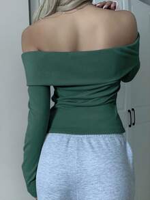 SHEIN EZwear T-shirt moulant à épaules dénudées en tricot vert foncé pour femmes - Vert sapin - Voir 2