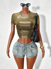 VaVaBold 夏季休闲圆领褶皱修身短款短袖T恤，适合新年假期派对穿着