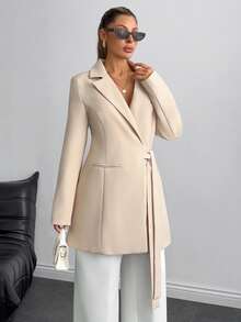 EURMUSE Elegant Commuter Office Solid Color Tie-Wrap Blazer Beige Summer - Beige - View 3