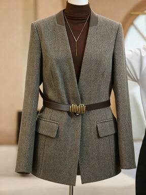 Franclia بليزر طويل الأكمام بياقة على شكل حرف V وخصر مربوط مقاس كبير