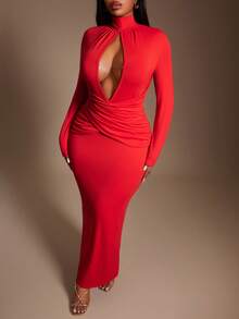 SHEIN SXY Abito attillato con collo alto, taglio e arricciatura, stile urbano resort per Capodanno cinese, adatto per uso quotidiano, feste, concerti, taglie forti 2025 - Rosso - Visualizzare 6