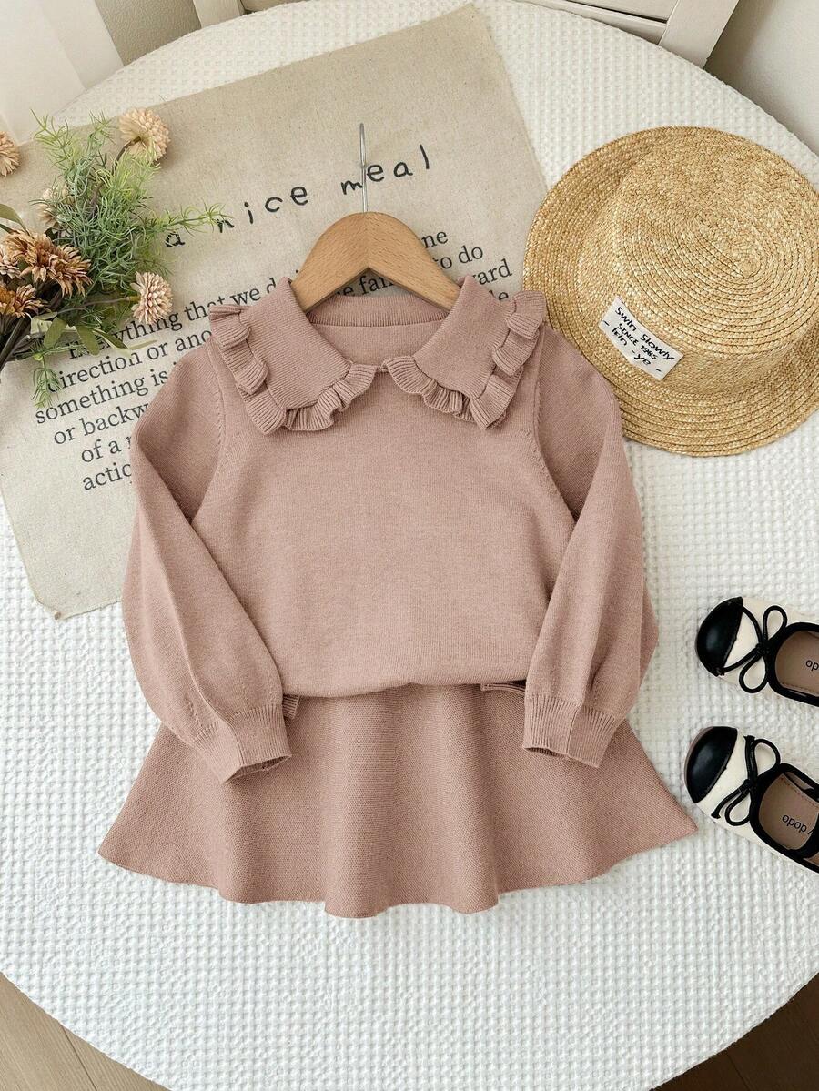 SHEIN Young Girl Casual Solid Color Ruffle Collar Long Sleeve Sweater And Knitted Mini Skirt Set, Autumn/Winter - Camel - View 1