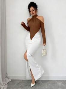Gloray Autumn/Winter New Black & White Color Block Patchwork Design, Sexy High Slit, Off-Shoulder Long Sleeve Ruched Bodycon Maxi Dress, Elegant For Party, Gala, Wedding, Halloween, Christmas - Brown - View 4