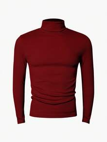 Manfinity Dauomo Áo thun nam cổ lọ tay raglan màu trơn, dáng ôm - Màu Đỏ Sâu - Xem 3
