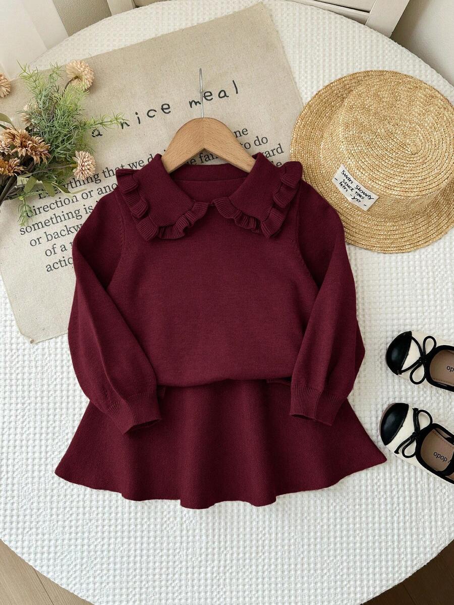 SHEIN 女童纯色彼得潘领休闲毛衣套装，秋冬季 - 酒紅色 - 查看 1
