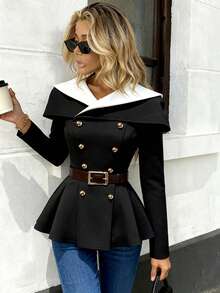 Pariaura Women's Elegant Black And White Color-Blocked Long-Sleeved Coat,Fitted Waist Double-Breasted Metal Buttons Ruffled Hem Office Autumn Jacket,Commuting - Black - View 4
