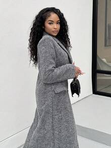 Alexandranx Women's Herringbone Pattern Lapel Collar Long Sleeve Long Overcoat, Autumn/Winter - Grey - View 5