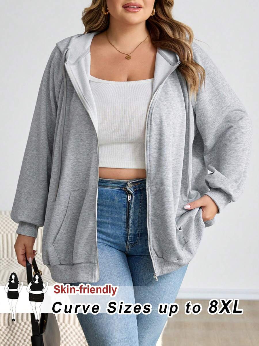 SHEIN CURVE+ 大码拉链插肩袖抽绳卫衣,秋季上衣,秋季女装/冬季 - 淺灰色 - 查看 1