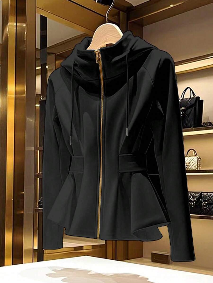 GlowEve Women's Solid Color Raglan Sleeve Drawstring Hooded Zip-Up Casual Sweatshirt - Black - View 1