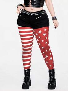 Whyspr Leggings Elásticas de Malha com Listras Contrastantes e Estrelas, Estilo Punk da Moda