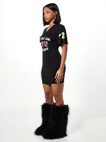 SUMWON WOMEN Graphic Print Black V-Neck Mini T-Shirt Dress With Short Sleeves And Statement Typography - Black - View 4