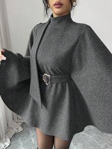 Elenzga Elegant Solid Color Cloak Overcoat For Commuting, Autumn/Winter - Dark Grey - View 6