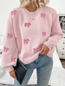 SHEIN LUNE 秋冬新款时尚博主同款蝴蝶结设计休闲套头毛衣 - 彩色 - 查看 3