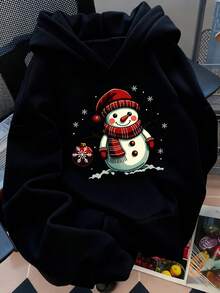 Sudadera con capucha de mujer con estampado de muñeco de nieve y bola navideña para temporada invernal - Negro - Ver 3