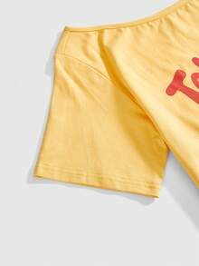 Teletubbies X ROMWE Spring/SummergraphicWomen's Casual Everyday Commute Fashion Cute Cartoon Letter Print Asymmetrical Neck Loose T-Shirt, Summer - Yellow - View 4