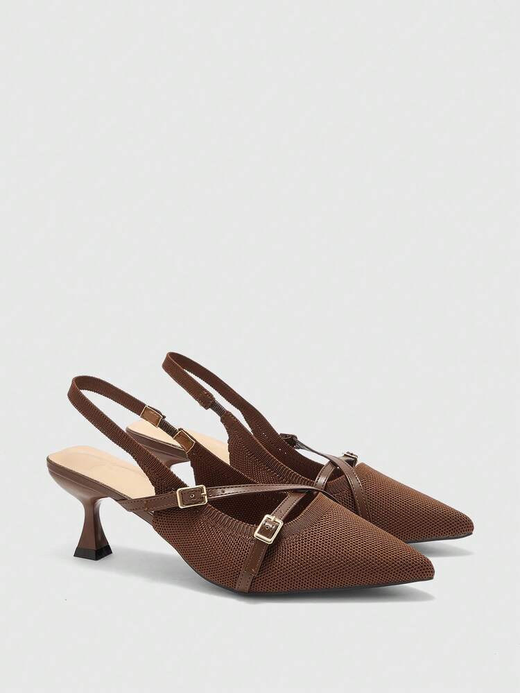 CUCCOO BASICS Women's Pointed Toe Kitten Heel Coffee Color Knitted Criss-Cross Strap Comfortable Breathable Daily Commute High Heel Mules For Christmas Valentine's Day Spring Shoes