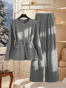 SHEIN Clasi Women's Button Waist Belt Round Neck Top And Wide Leg Pants 2 Pieces Set, Autumn/Winter Fall - Grey - View 1