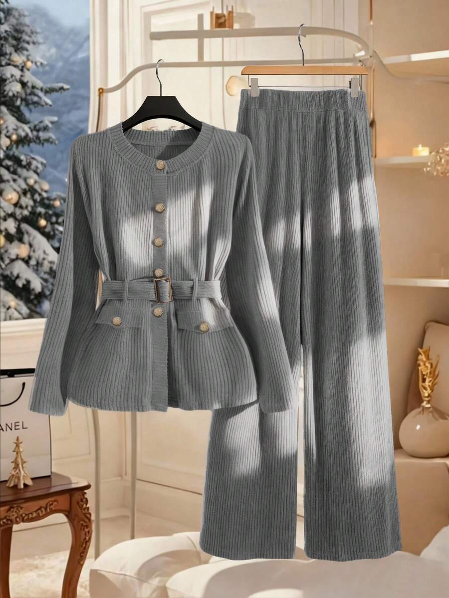 SHEIN Clasi Women's Button Waist Belt Round Neck Top And Wide Leg Pants 2 Pieces Set, Autumn/Winter Fall - Grey - View 1