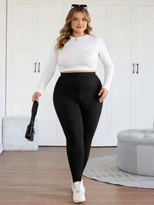 SHEIN CURVE+ 2条装加大码女式紧身裤，黑色带口袋紧身裤，瑜伽打底裤，舒适紧身裤，女士秋季服装，女士休闲跑步裤 - 黑色 - 查看 8
