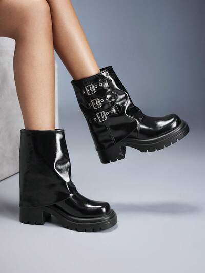 CUCCOO GRLICON Women's Buckle Design Thick Sole Chunky Heel Motorcycle Ankle Boots For Christmas