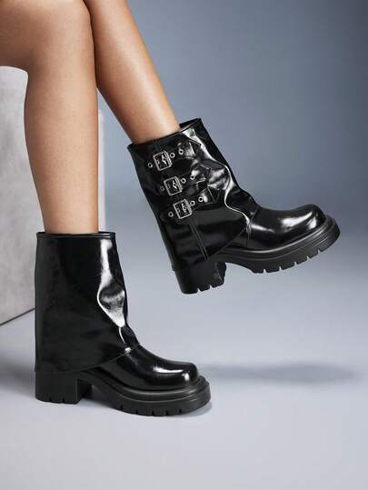 CUCCOO GRLICON Women's Buckle Design Thick Sole Chunky Heel Motorcycle Ankle Boots For Christmas