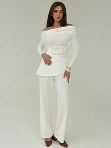 Aloruh Women's White Autumn Elegant Semi Formal Two Piece Pants Set,Ruched One-Shoulder Irregular Hem Top & Draped Straight-Leg Pants Office Party Outfit - White - View 3