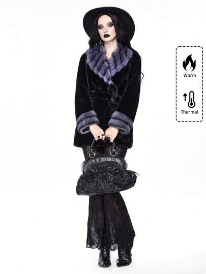 Grunge Punk Women's Contrast Color Lapel Long Sleeve Belted Faux Fur Jacket