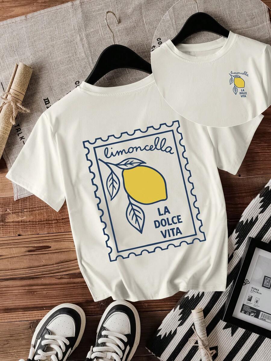 INAWLY 女式夏季口号柠檬印花圆领短袖休闲T恤 - 白色 - 查看 1