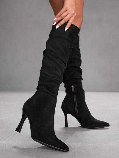 CUCCOO SZL Bottes hautes sexy en velours noir plissé ornées de strass à bout pointu et talon aiguille pour femmes, idéales pour les soirées en boîte de nuit