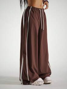 StreetHx Women's Casual Drawstring Waist Loose Barrel Leg Pants - Coffee Brown - View 5