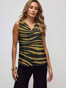 Shutterstock Glamance Shiny Sequin Zebra Print Sleeveless V-Neck Party Top For Women, New Year Sleeveless Animal Print Top Zebra Print Top Gold Zebra Print Top Zebra Print V-Neck Top Tiger Print Top - Multicolor - View 5