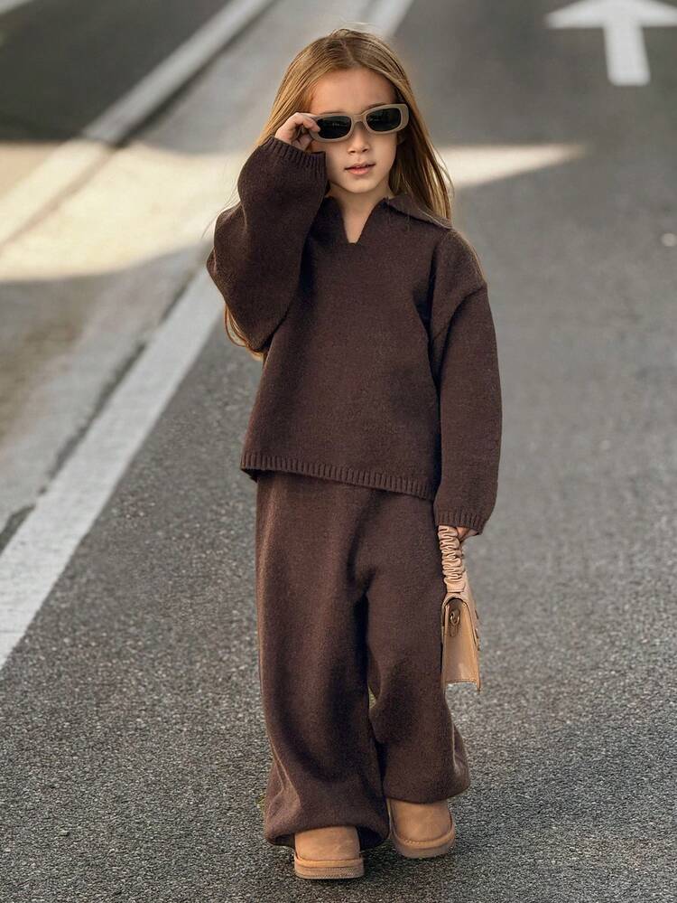 Young Girls Solid Color Casual Collared Long Sleeve Sweater And Pants Set