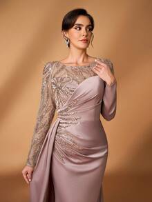 Serin Rochie elegantă și luxoasă, cu perle și paiete, cu aplicații florale, model patchwork, din satin elastic, transparentă, cu mânecă lungă, tip sirenă, cu crăpături laterale, potrivită pentru nuntă, petrecere, vacanță, bal, rochie de seară pentru mama miresei, de Ziua Îndrăgostiților - Șampanie - Vizualizare 6