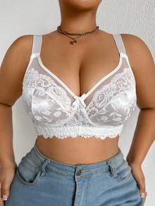DesireSculpt 1pc Plus Size Lace Patchwork Wireless Bra - White - View 5