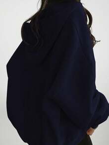 INAWLY Women's Letter Graphic Loose Fit Drawstring Hooded Sweatshirt - Royal Blue - View 2