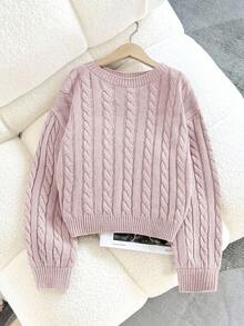 SHEIN Firerie Kids Tween Girl Casual Solid Color Dropped Shoulder Loose Textured Knit Cropped Sweater, Autumn/Winter - Baby Pink - View 5