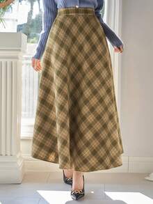 DAZY Women's High Waist Plaid Retro A-Line Skirt - Green - View 3
