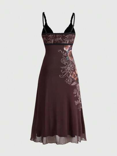 Goth Plus Size Vintage Romantic Medieval Floral Print Sleeveless Dress For Women